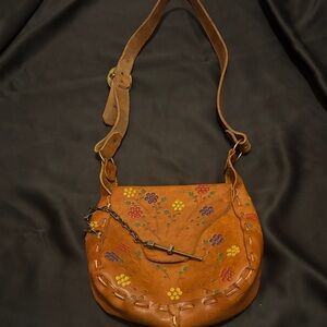 Vintage Handcrafted Brown Leather Floral Crossbody Bag